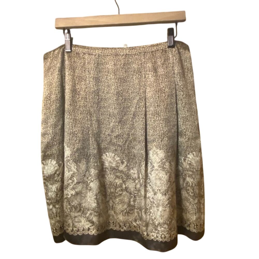 Tahari 100% silk A-Line Pleated Skirt gold and brown print knee length 14